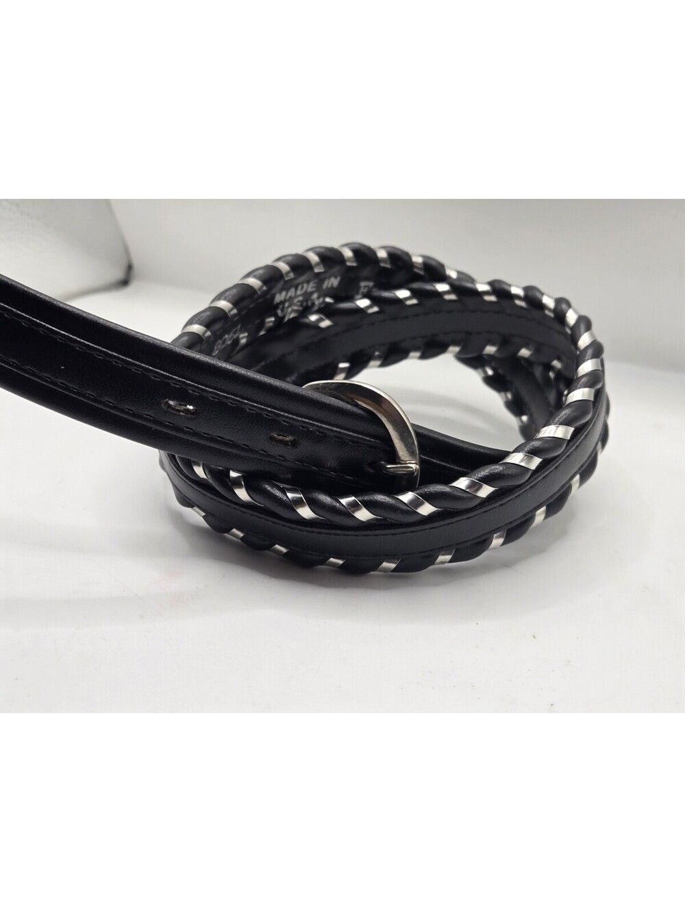 FISHER Belt Small S 28 Top Grain Cowhide Leather Black Silver Woven Details Vtg